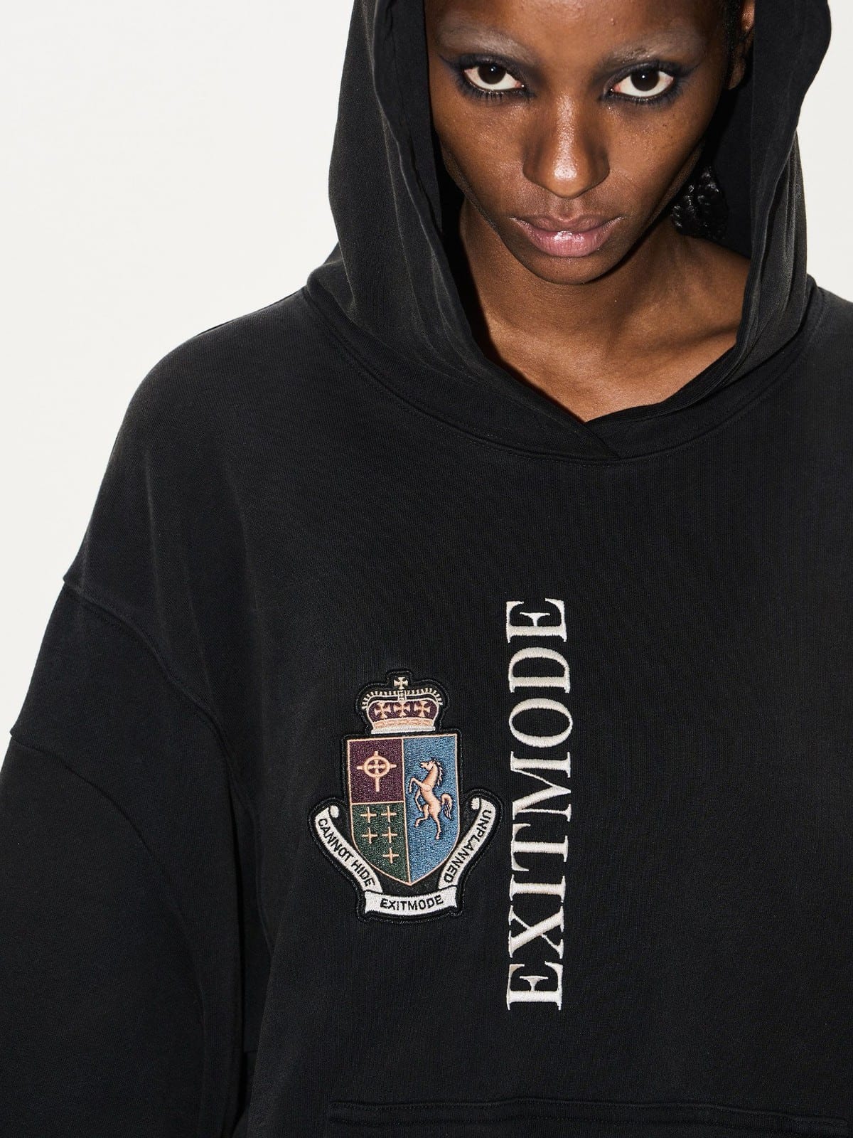 BLINDNOPLAN Distressed Embroidered Cotton Hoodie in Black - On Female Model