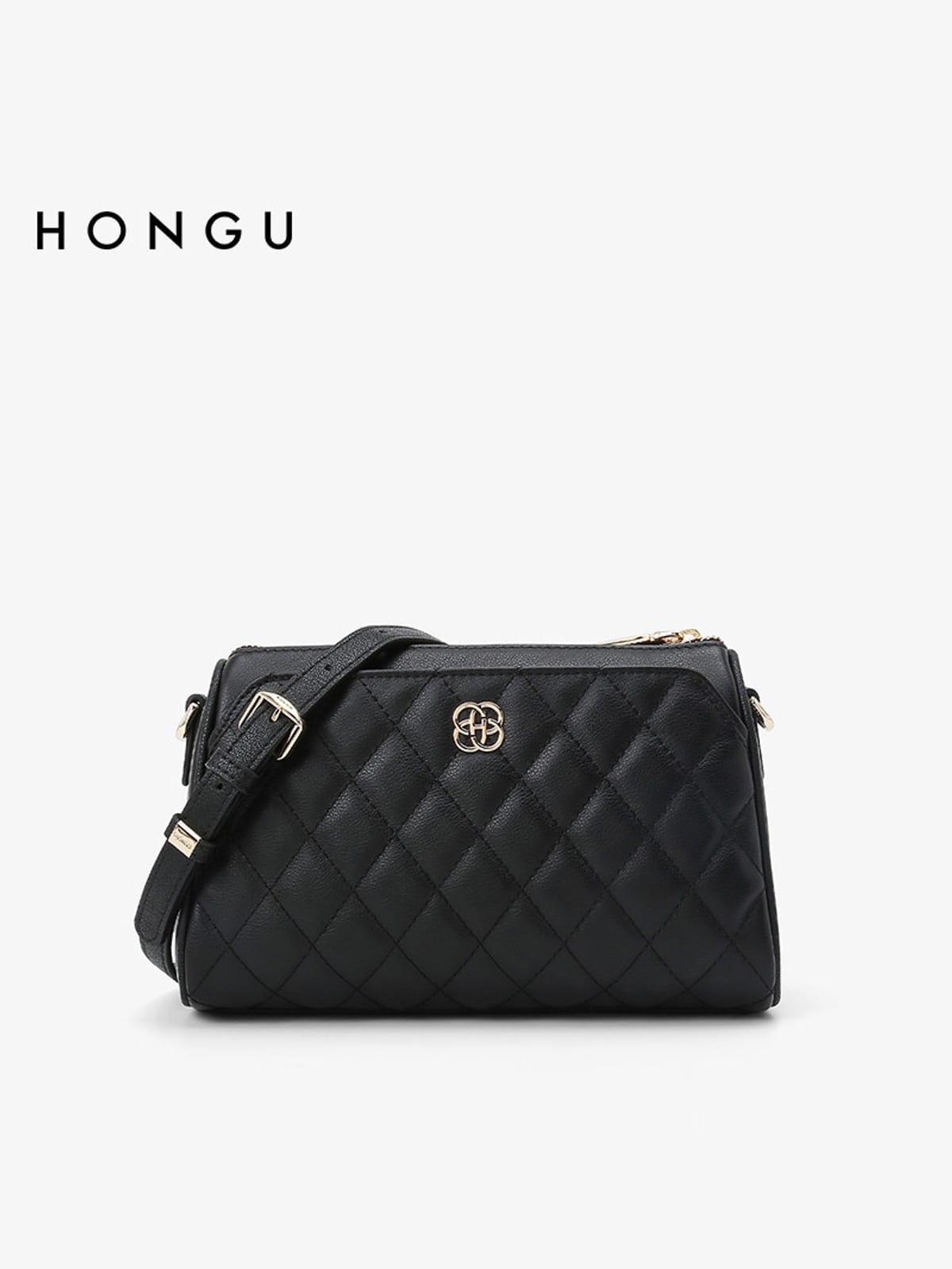 HONGU Quilted Leather Chain Crossbody Bag in Black