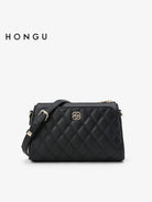HONGU Quilted Leather Chain Crossbody Bag in Black
