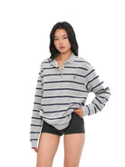 SweetChilling Striped Long Sleeve Polo Shirt in Gray - On Female Model