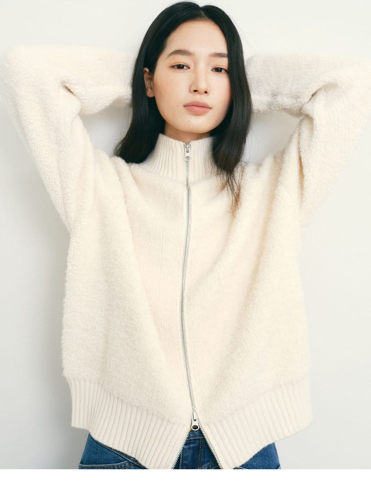 TEASEL Merino Wool Boucl Zip Cardigan in White - On Female Model