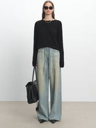 MSBEAST Dirty Wash Drawstring Wide Leg Jeans in Sky Blue - On Female Model