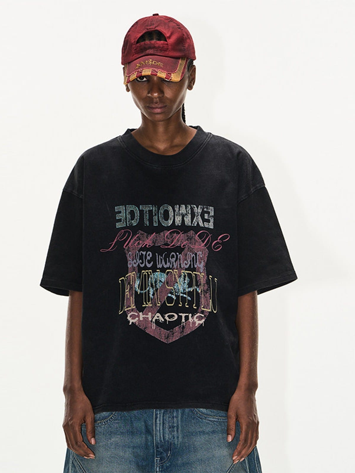 BLINDNOPLAN Distressed Overlapping Graphic T Shirt in Black - On Model