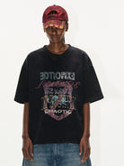 BLINDNOPLAN Distressed Overlapping Graphic T Shirt in Black - On Model