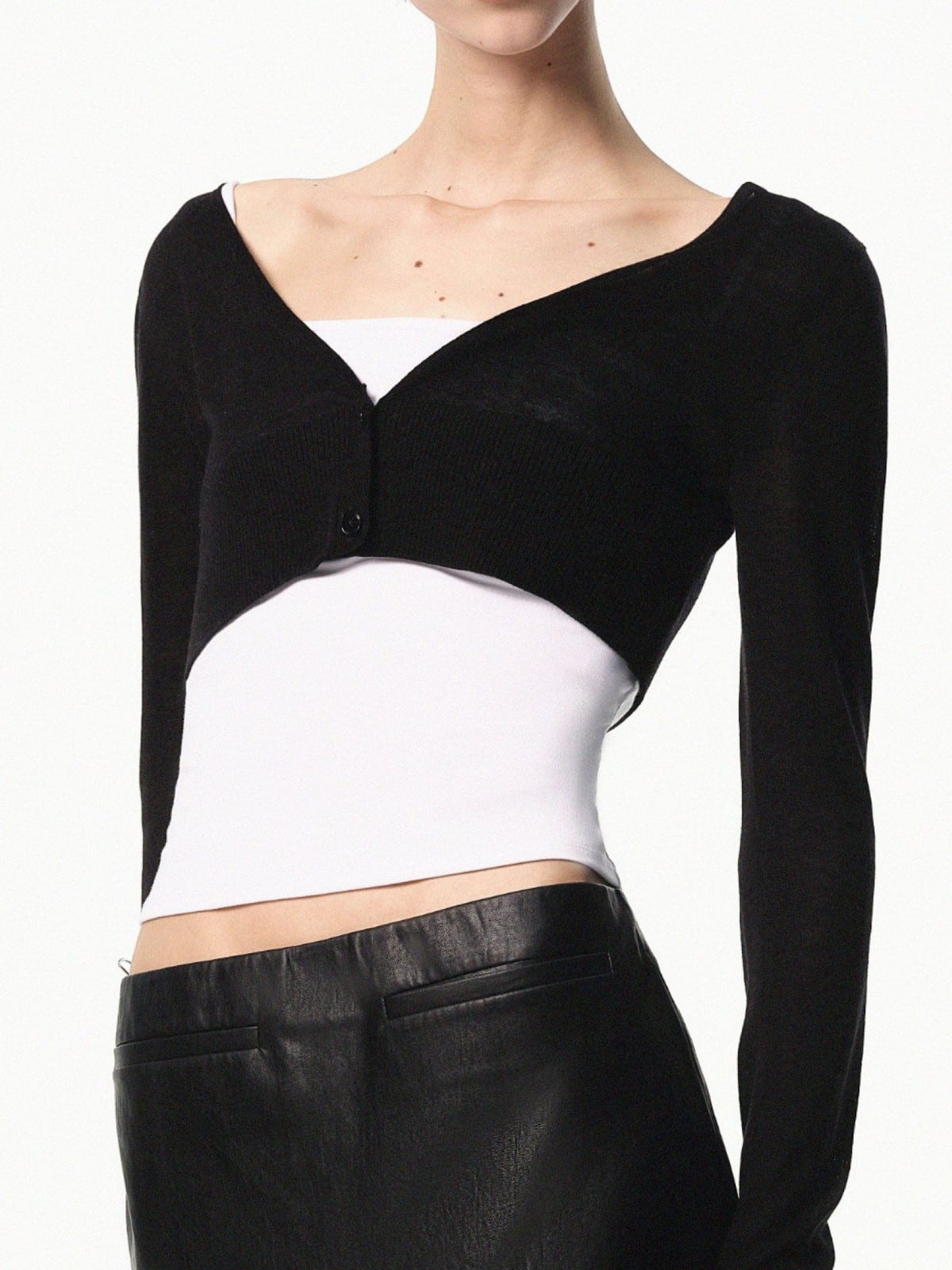 RARELY ALIKE Silk Wool Cropped V Neck Cardigan in Black - On Female Model