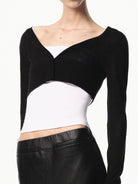 RARELY ALIKE Silk Wool Cropped V Neck Cardigan in Black - On Female Model