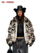 PERSONSOUL Totem Faux Fur Zip Up Jacket in Brown - On Female Model