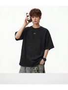 MASONPRINCE Faux Suede Embroidered T Shirt in Black - On Male Model
