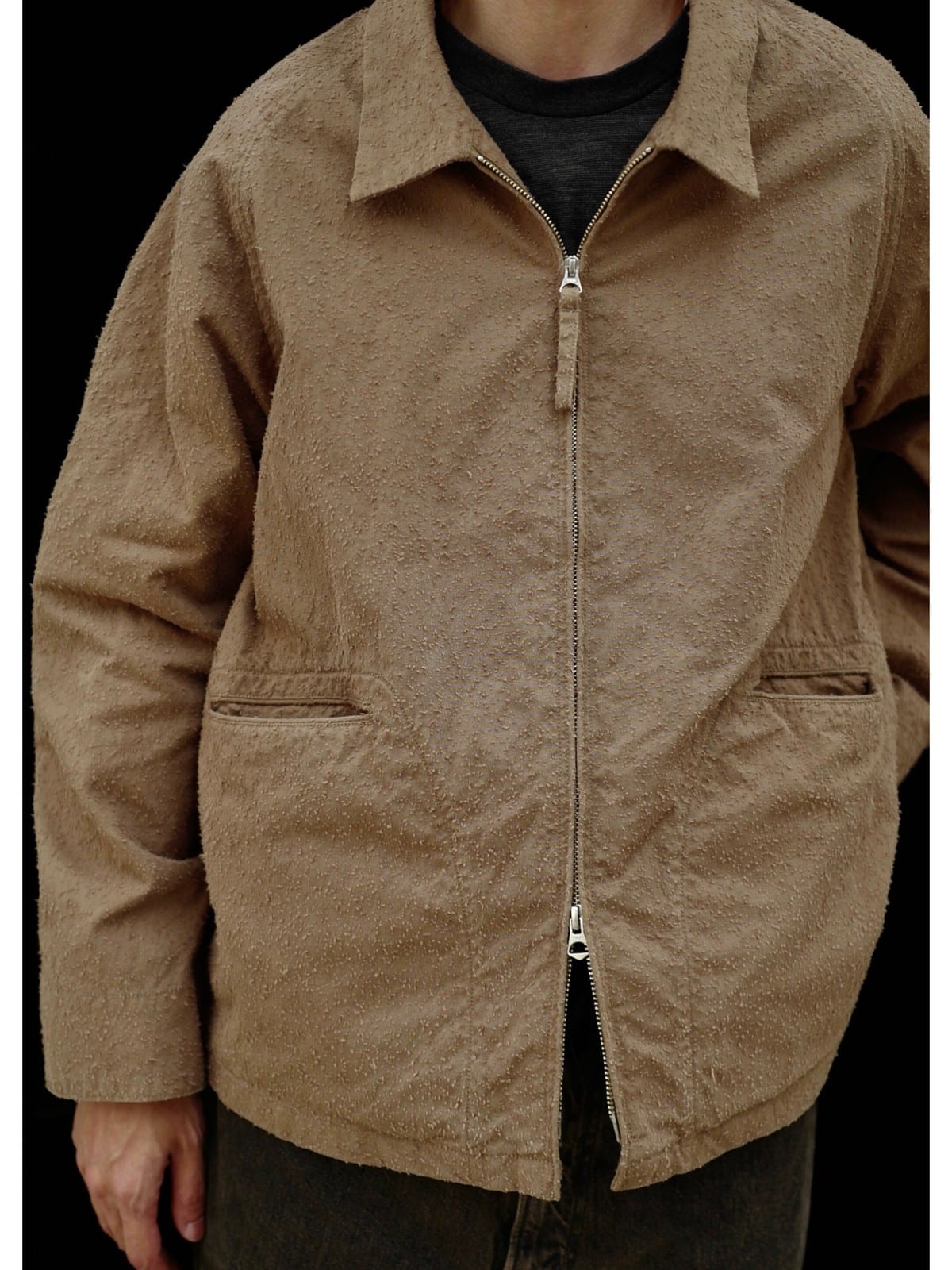 USAGE Textured Nep Blouson Jacket in Beige - On Male Model