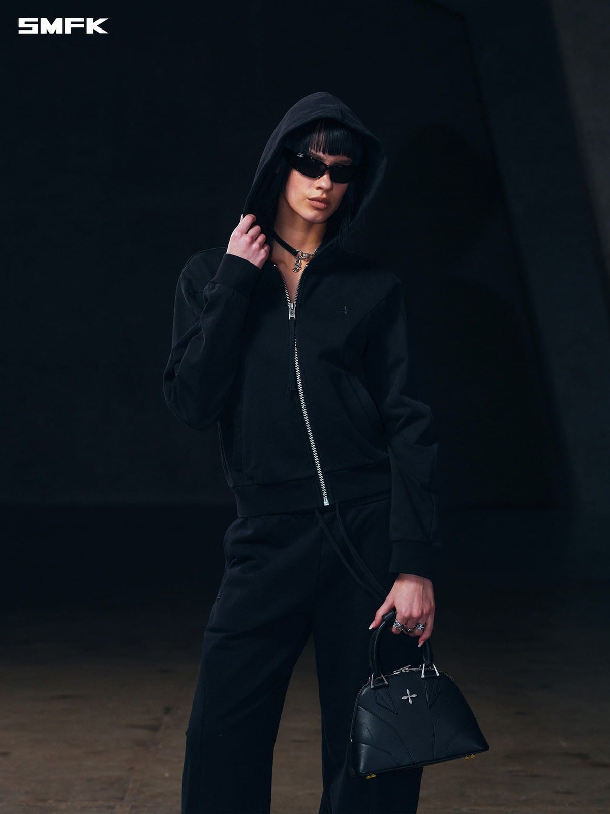 SMFK Embroidered Cropped Zip Up Hoodie in Black - On Female Model