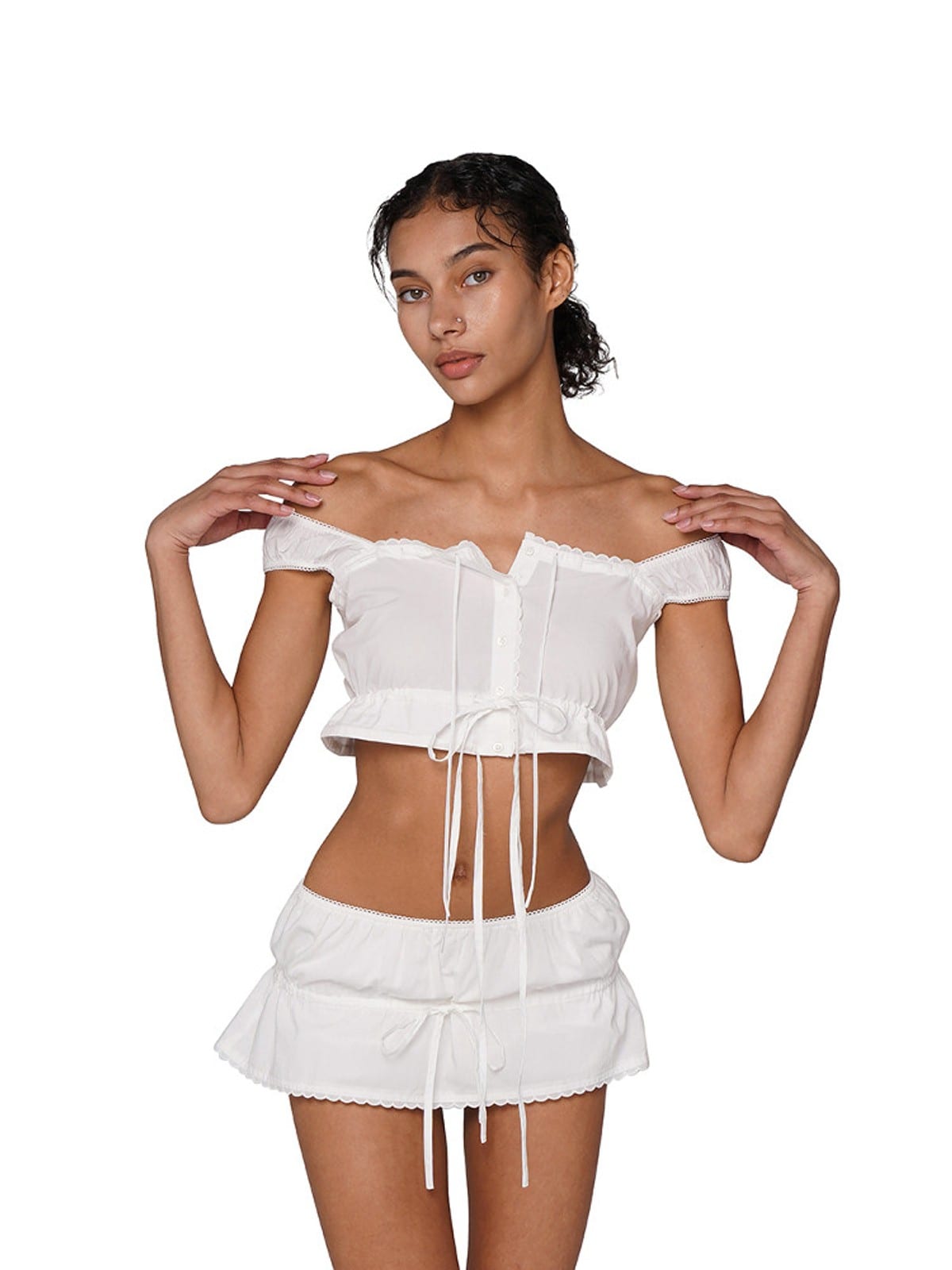 SweetChilling Tie Front Ruffled Mini Skirt in White - On Female Model