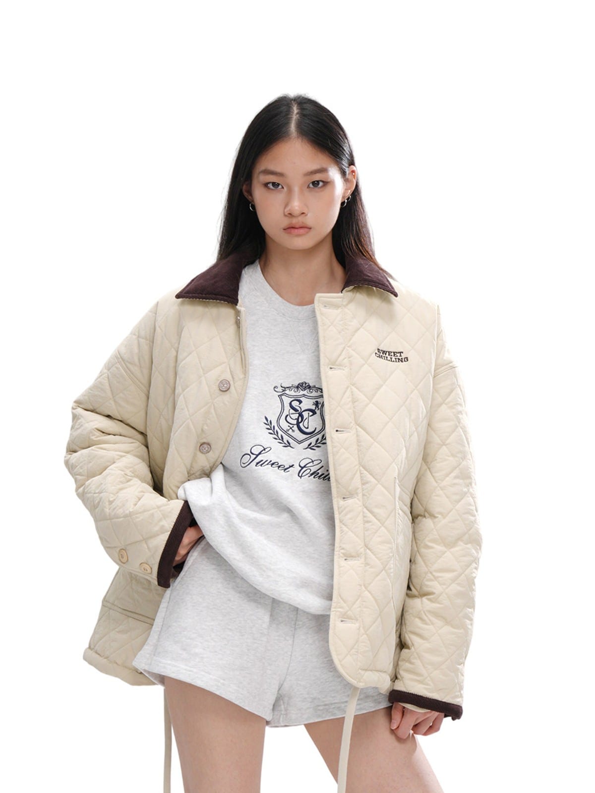 SweetChilling Quilted Contrast Collar Jacket in White - On Female Model