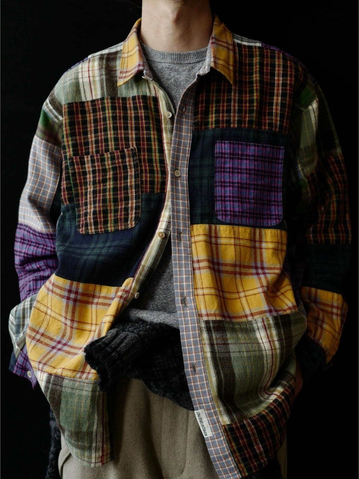 USAGE Cotton Plaid Patchwork Shirt in Patchwork - On Male Model