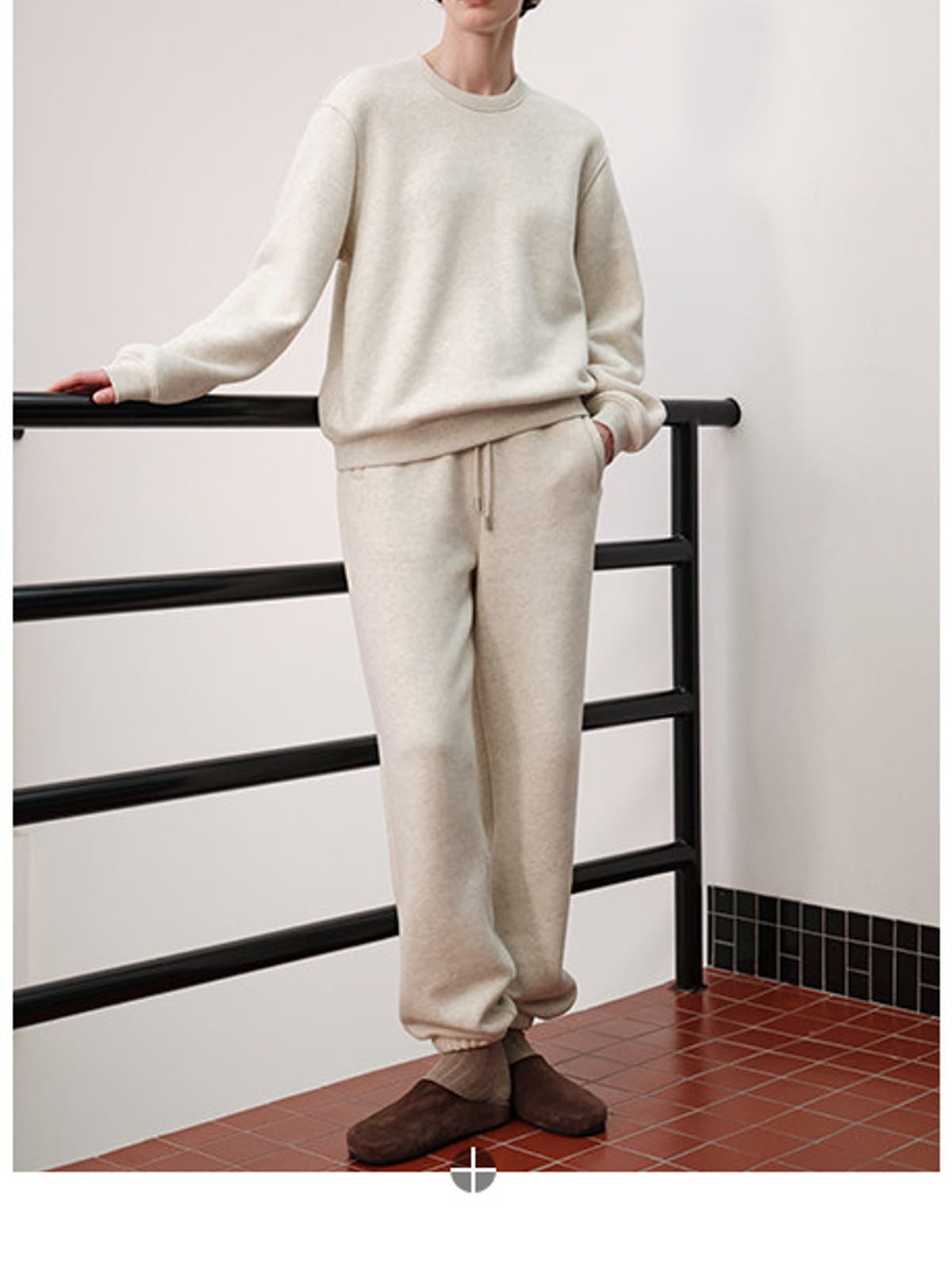 MSBEAST Fleece Lined Cotton Sweatshirt Pants Set in Beige - On Female Model