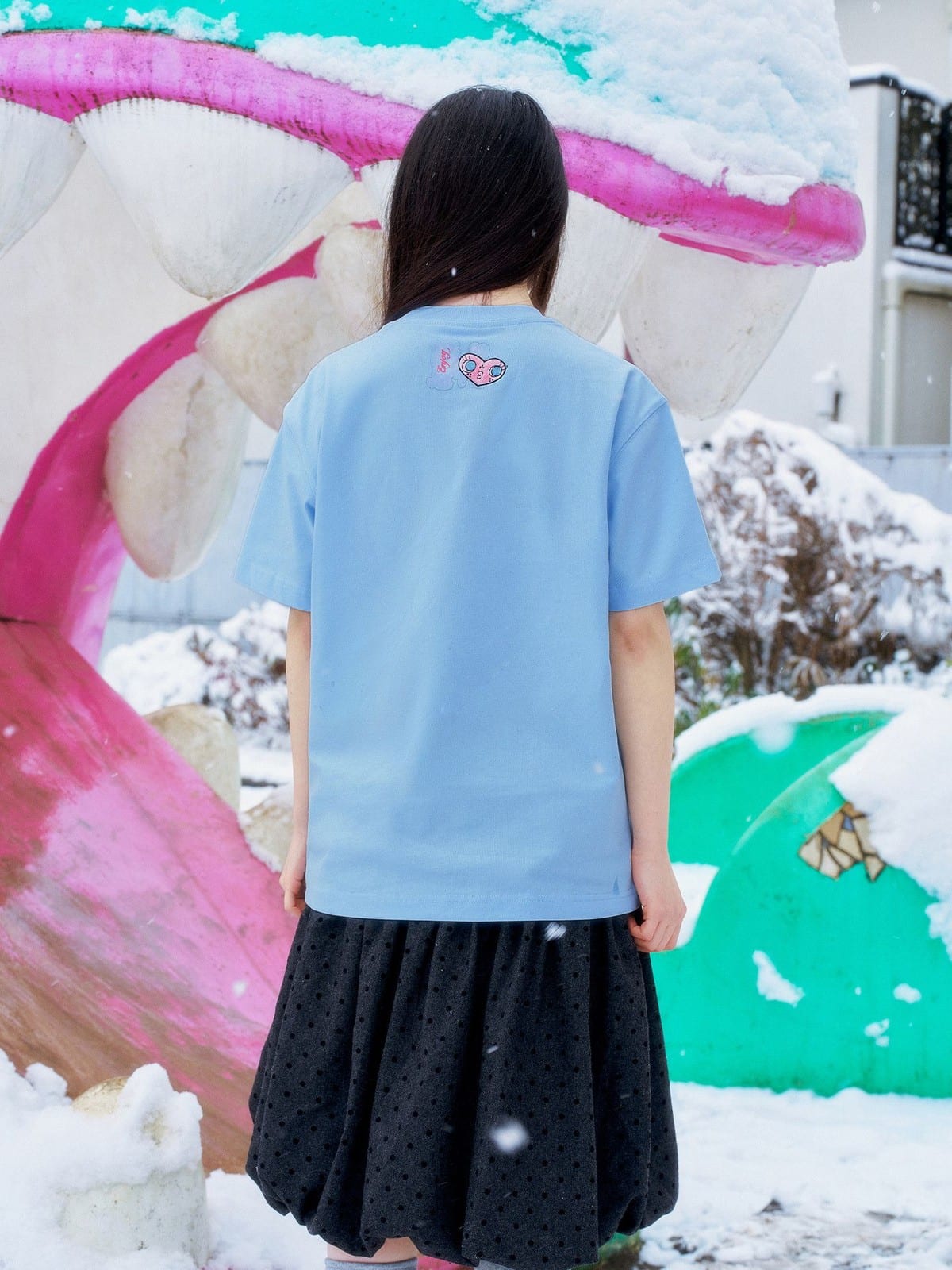 MEDM Embroidered Heart Cotton T Shirt in Sky Blue - On Model