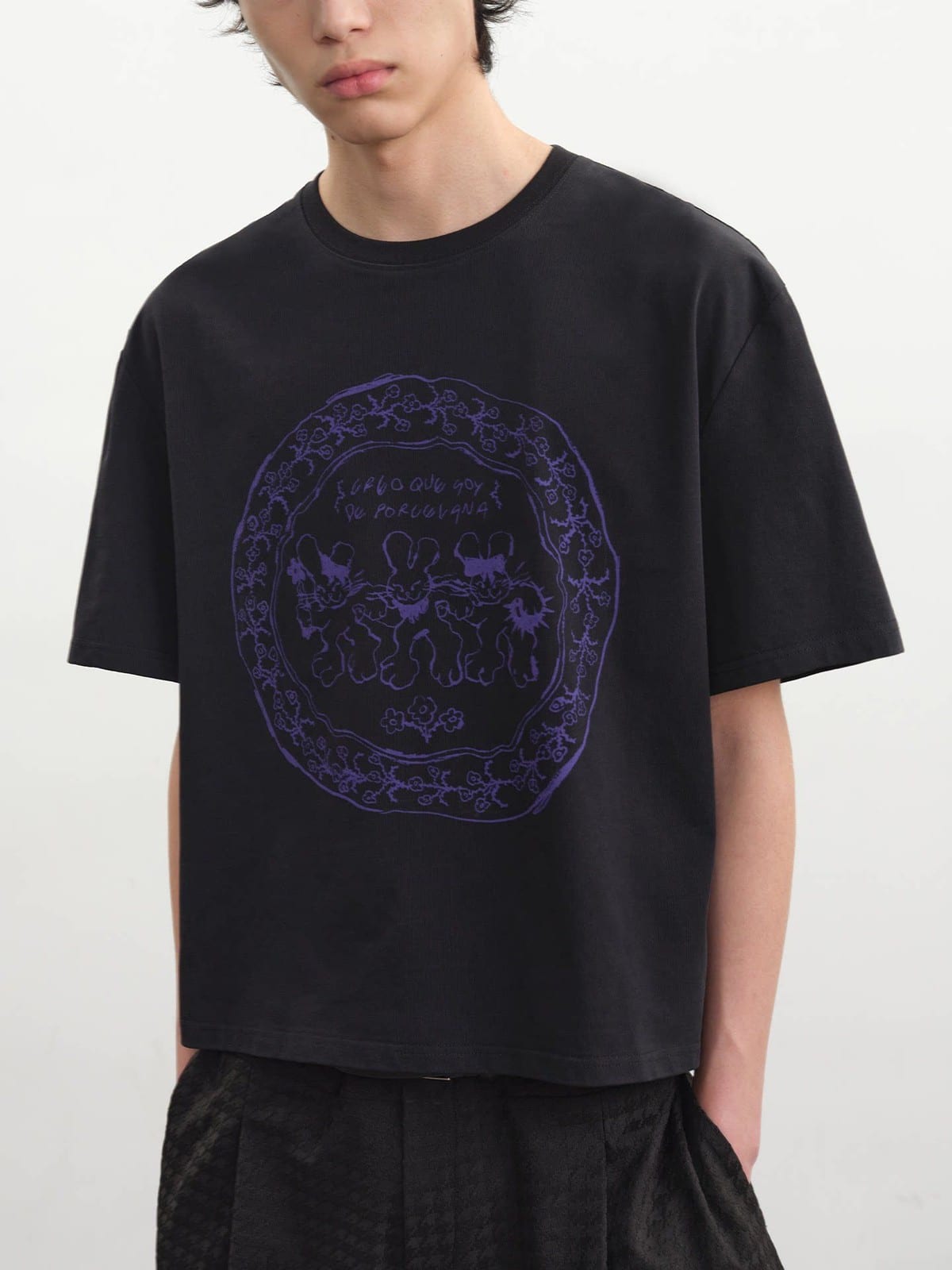 JCAESAR STUDIO Vintage Rabbit Print T Shirt in Black - On Male Model