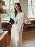 MSBEAST Sheer Lyocell Cashmere Half Sleeve T Shirt in White - On Female Model