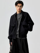 SIMPLE PROJECT Band Collar Worsted Wool Bomber Jacket in Black - On Male Model