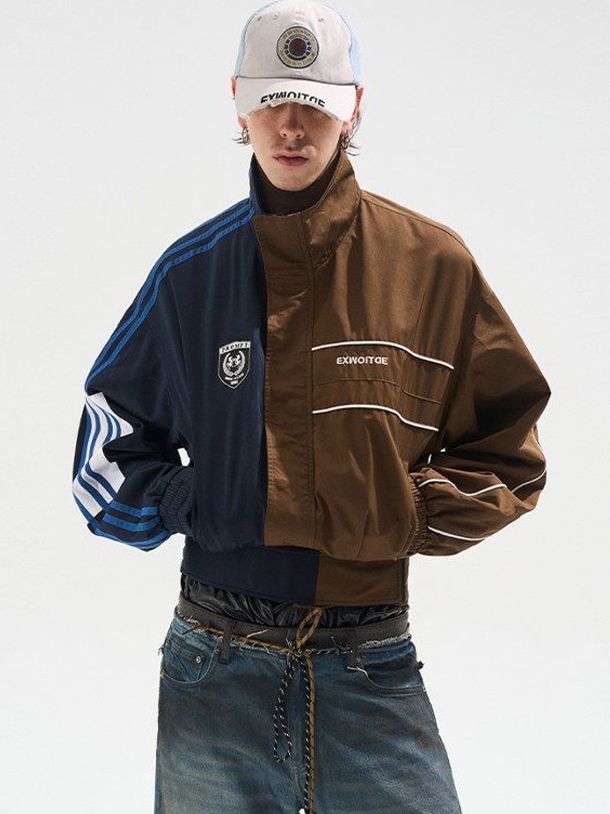 BLINDNOPLAN Colorblock Cropped Track Jacket in 多色拼接 - On Male Model