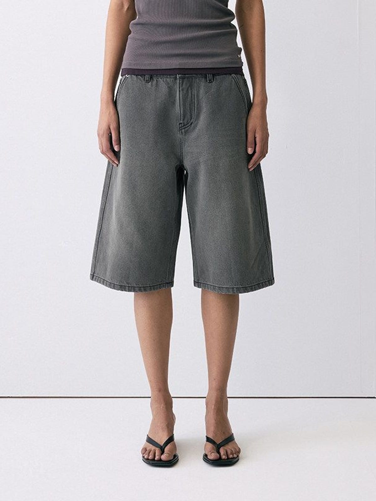 Random Piece Vintage Wash A Line Denim Shorts in Gray - On Female Model