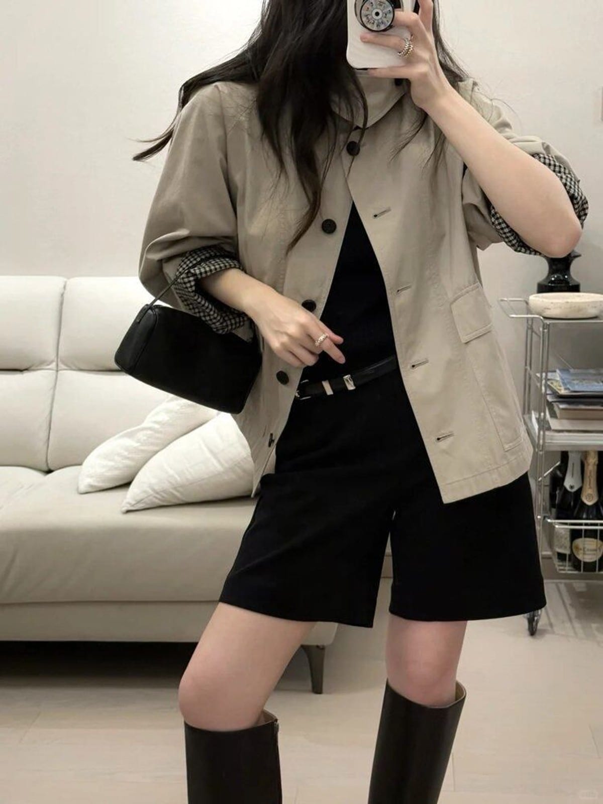Venus Cropped Cotton Twill Barn Jacket in Beige - On Female Model