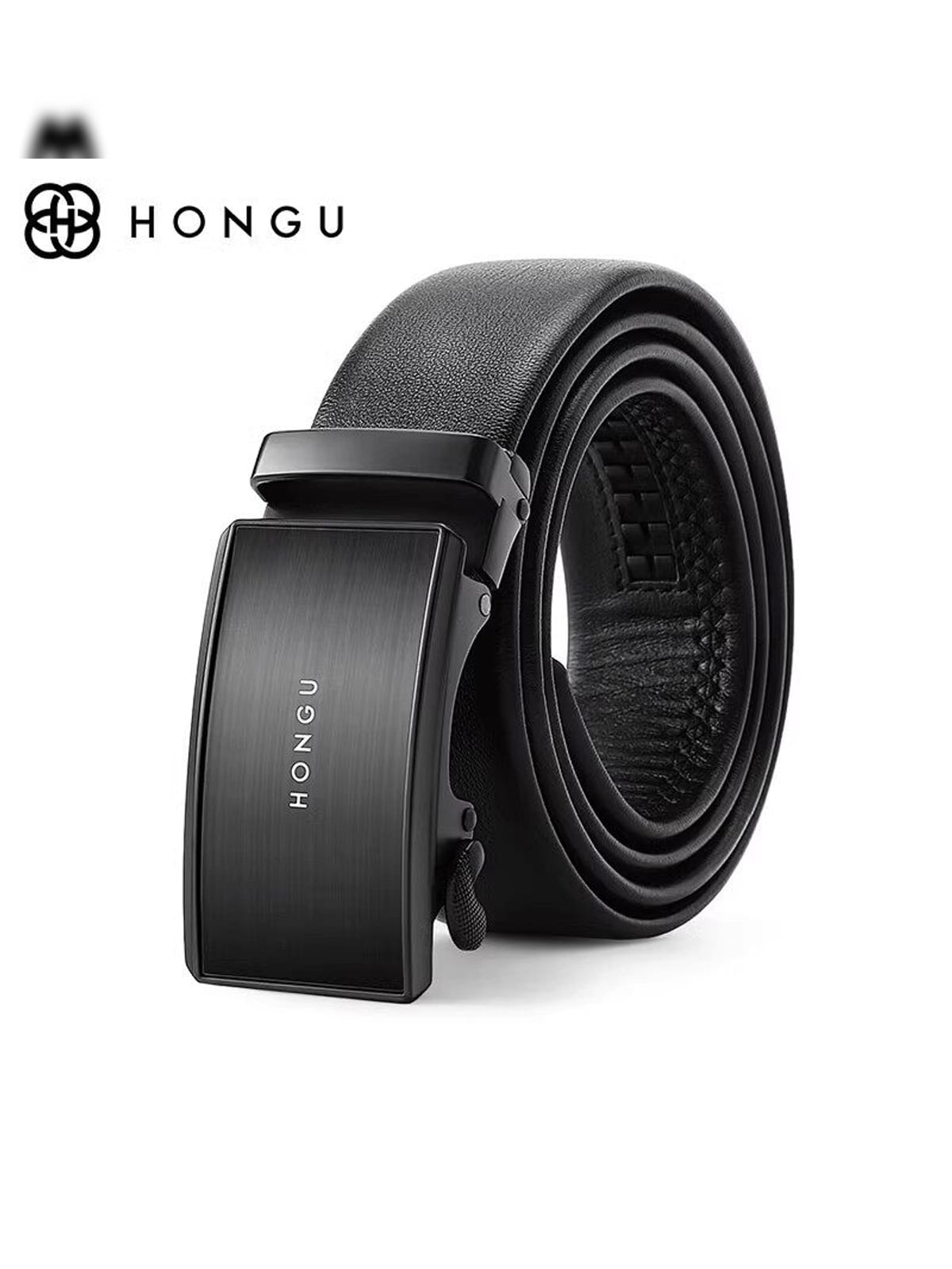 HONGU Automatic Buckle Cowhide Leather Belt in Black
