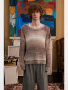 Retro 21 Gradient Open Knit Wool Blend Sweater in Beige - On Male Model