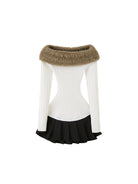 SweetChilling Fluffy Off the Shoulder Pleated Dress in White