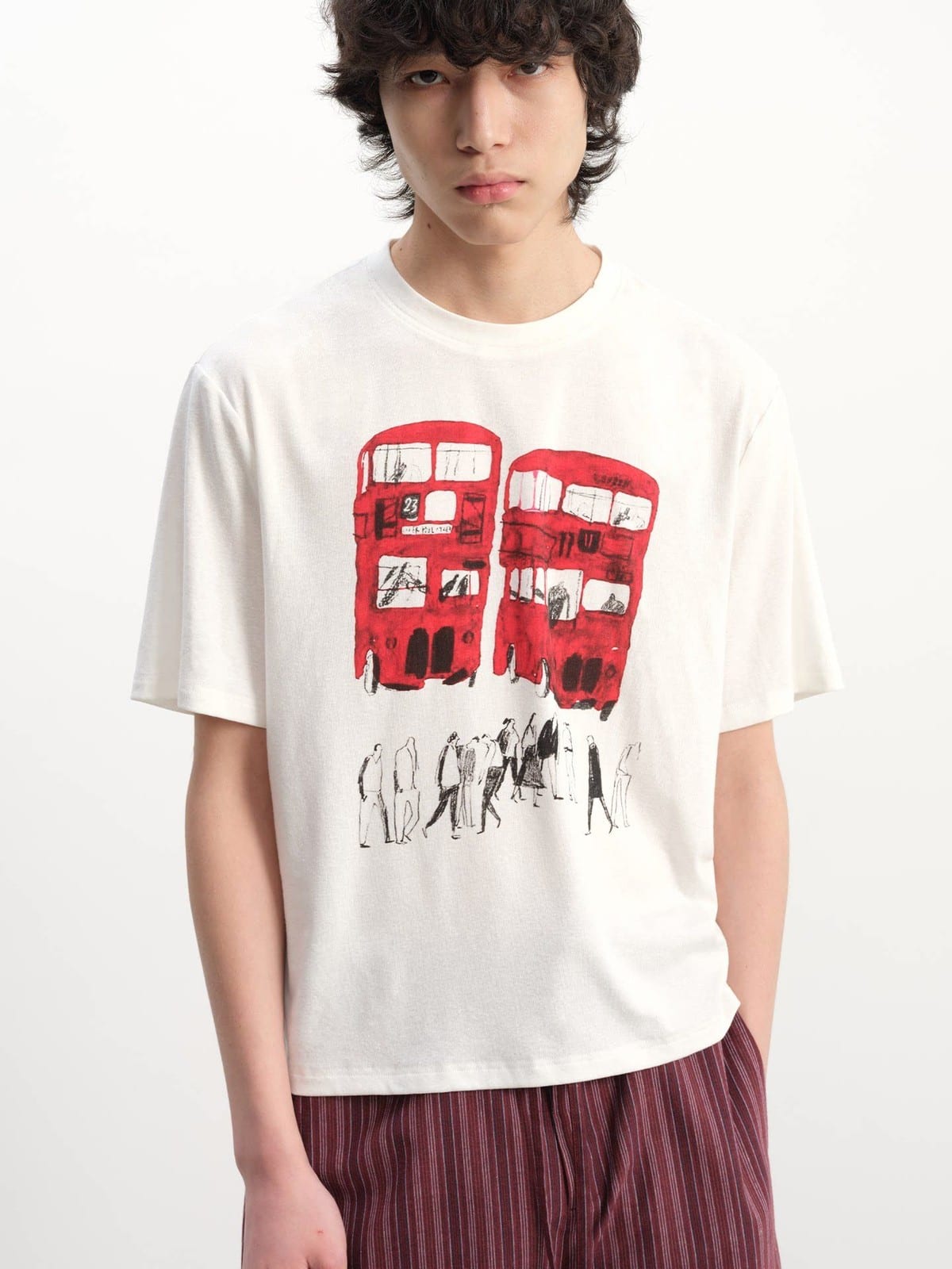 JCAESAR STUDIO Red Bus Print Short Sleeve T Shirt in White - On Male Model