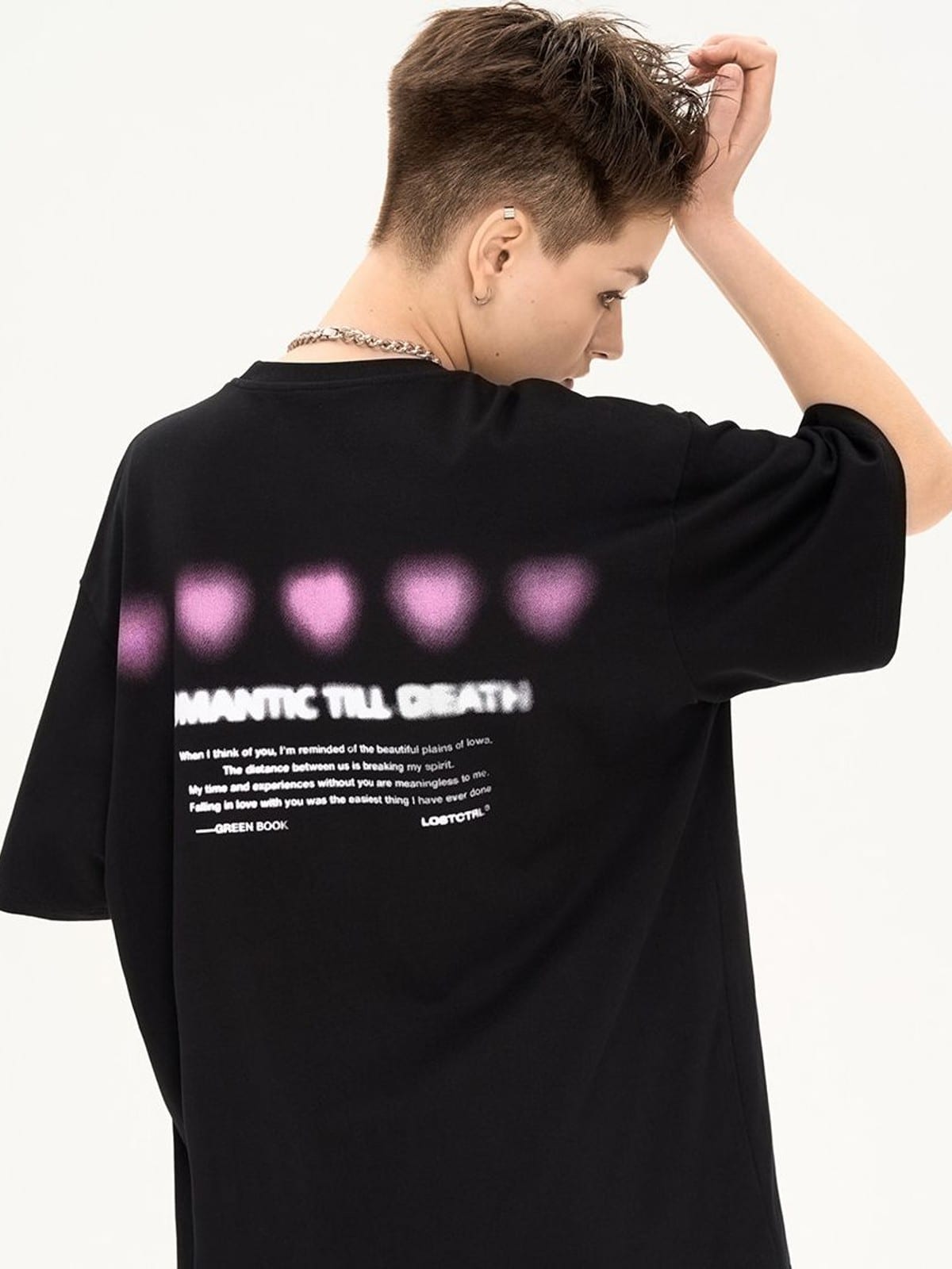 LOSTCTRL Blurred Heart Graphic Cotton T Shirt in Black - On Model