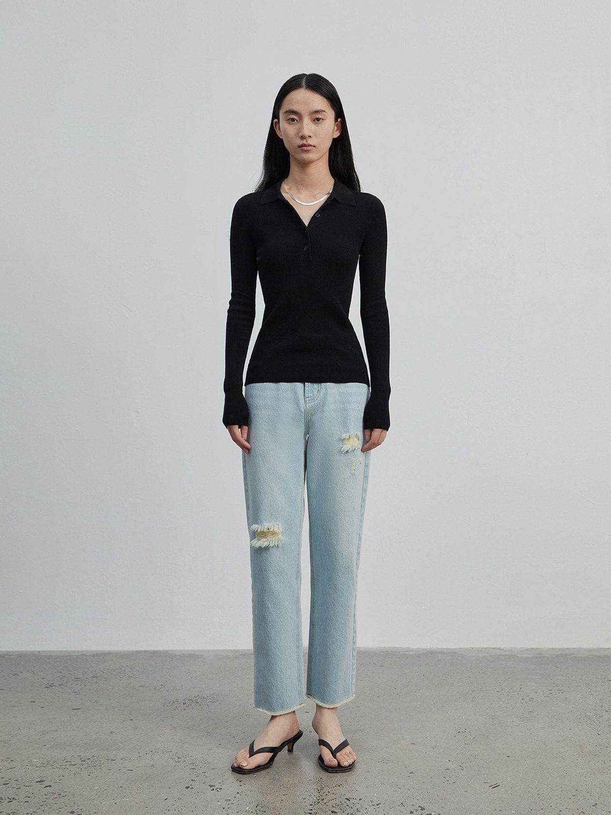 MSBEAST Distressed Turkish Denim Cropped Jeans in Sky Blue - On Female Model