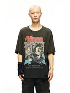 D5ove Distressed Graphic Cotton T Shirt in Black - On Male Model