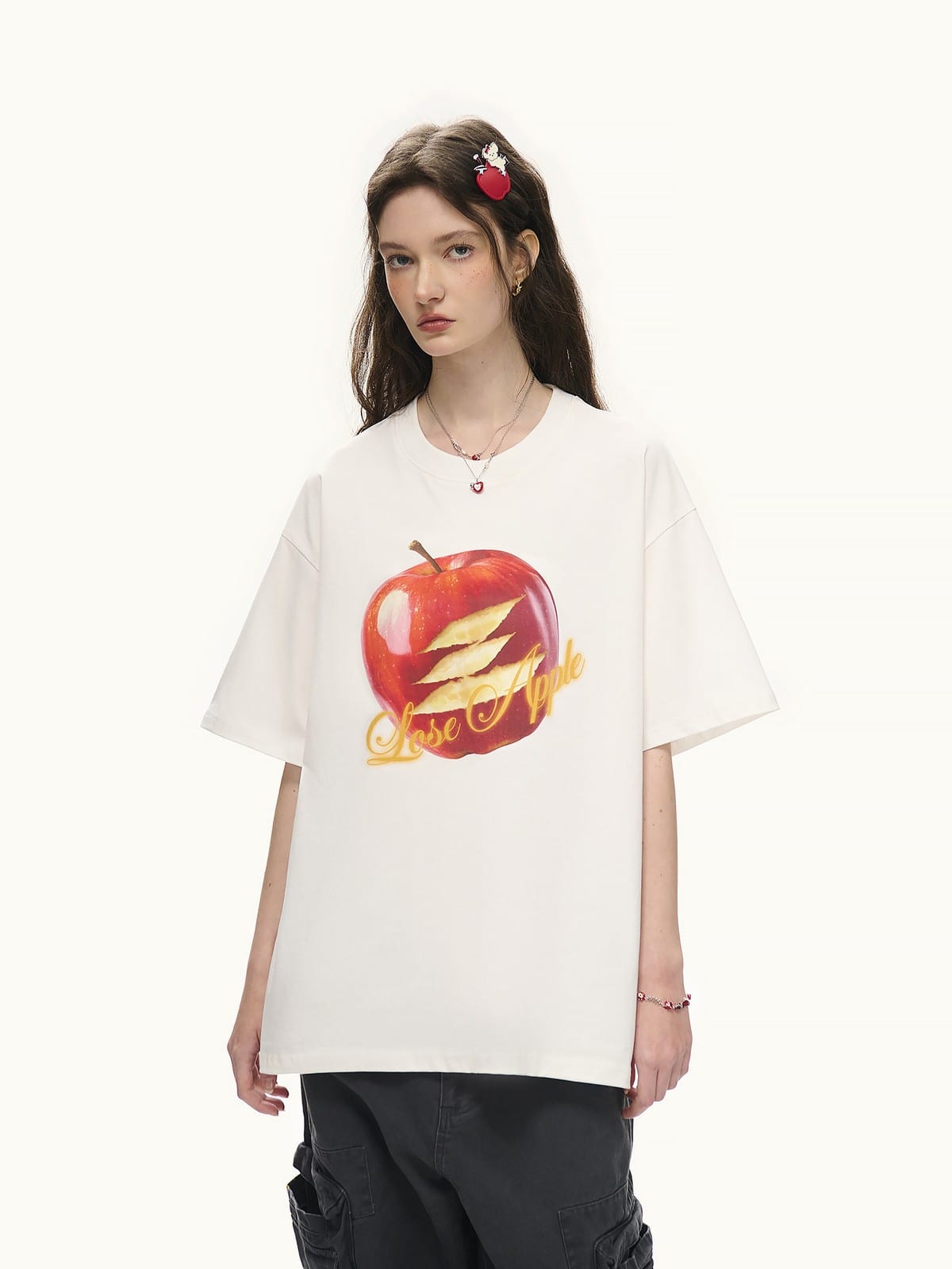 LOSTCTRL Apple Graphic Print T Shirt in White - On Female Model