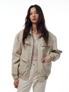 THELIGHT OFFICIAL Distressed Faux Leather Padded Bomber in White - On Female Model
