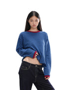SweetChilling Striped Wool Blend Crewneck Sweater in Blue - On Female Model