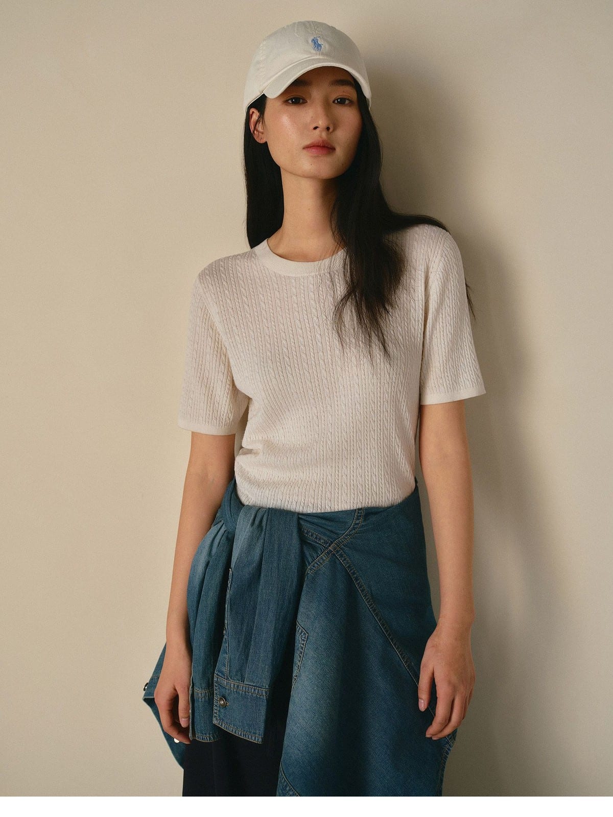 TEASEL Wool Cable Knit Short Sleeve Sweater in White - On Female Model