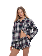 SweetChilling Plaid Button Up Loungewear Top in White - On Female Model
