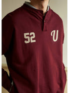 USAGE Terry Cotton Henley Sweatshirt in Burgundy - On Male Model