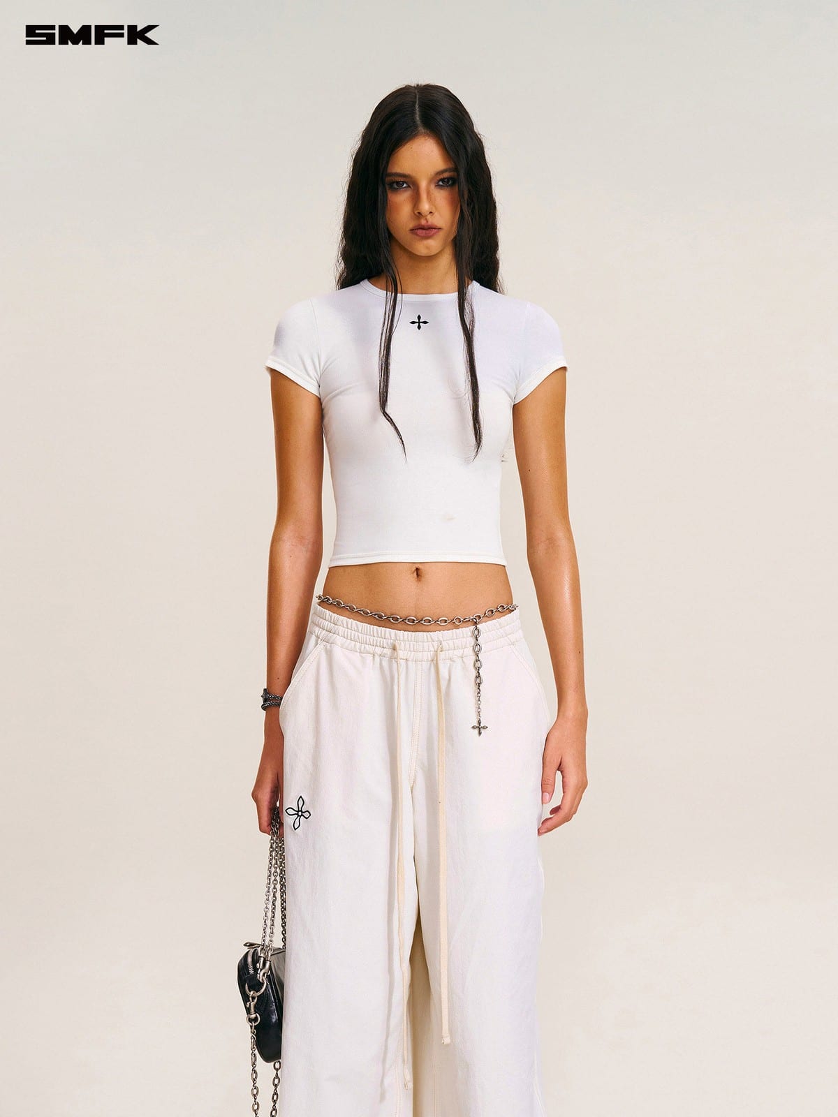 SMFK Short Sleeve Cropped T Shirt in White - On Female Model