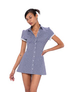 SweetChilling Fitted Cotton Blend Shirt Dress in Navy Blue - On Female Model