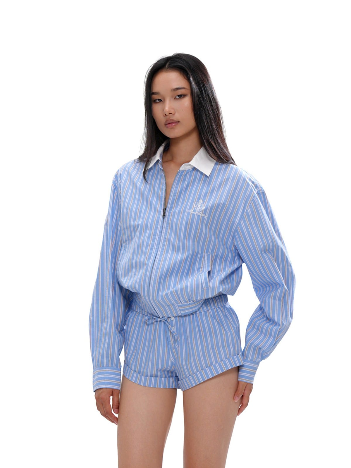 SweetChilling Contrast Collar Striped Jacket in Blue - On Female Model