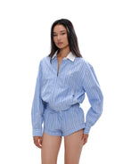 SweetChilling Contrast Collar Striped Jacket in Blue - On Female Model