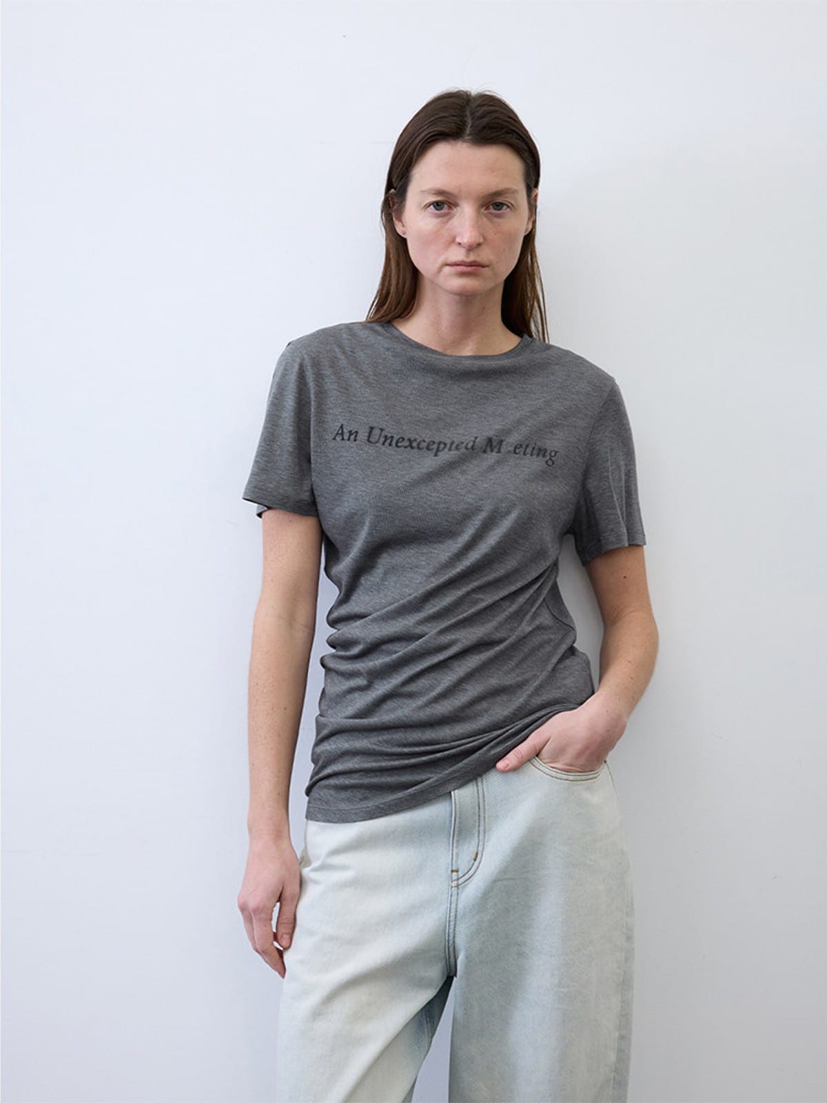 Random Piece Lyocell Blend Letter Print T Shirt in Gray - On Female Model