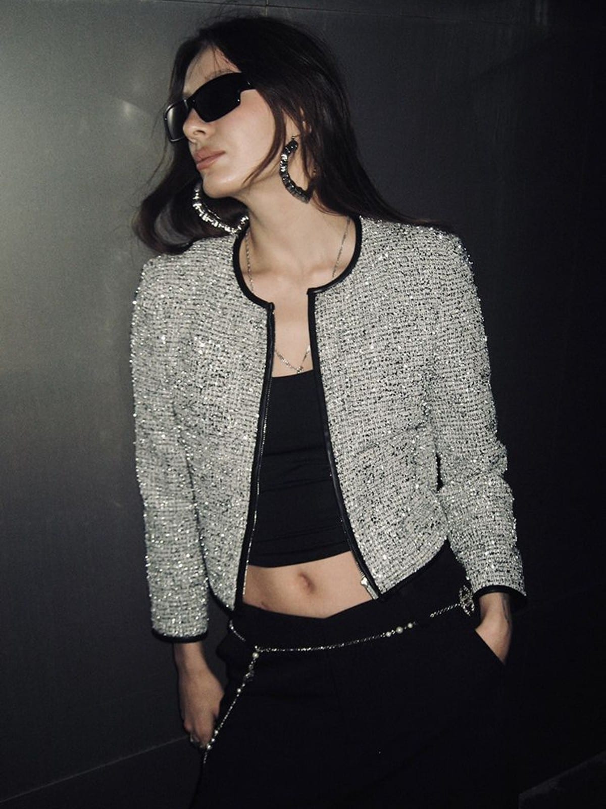 RARELY ALIKE Silver Sequin Tweed Cropped Jacket in Silver - On Female Model
