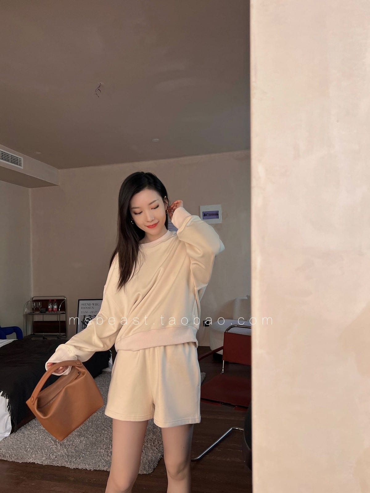 MSBEAST Cotton Crewneck Sweatshirt Set in Yellow - On Female Model