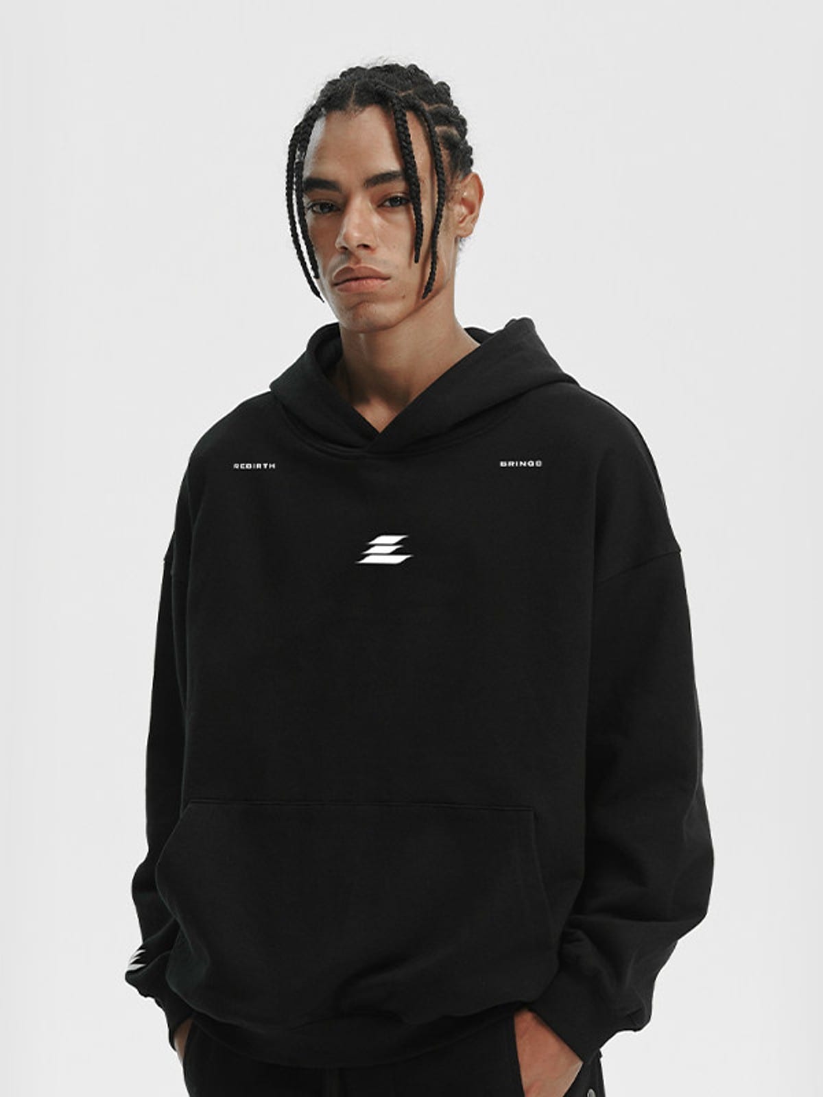 LOSTCTRL Logo Print Cotton Blend Hoodie in Black - On Male Model