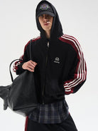 BLINDNOPLAN Contrast Tape Zip Up Hoodie in Black - On Male Model