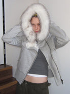 RARELY ALIKE Asymmetrical Faux Fur Trim Padded Jacket in Gray - On Female Model