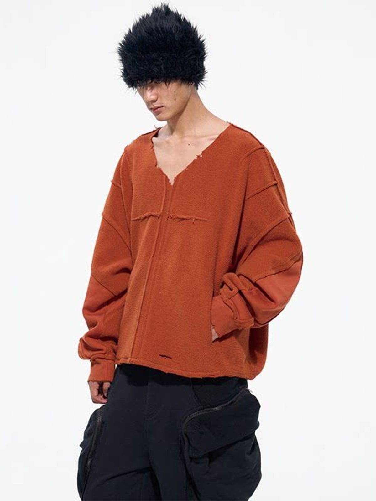 D5ove Distressed V Neck Fleece Sweatshirt in Orange - On Male Model