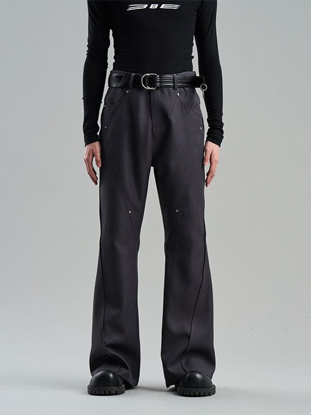 BLINDNOPLAN Diagonal Paneled Trousers with Rivets in Gray - On Male Model